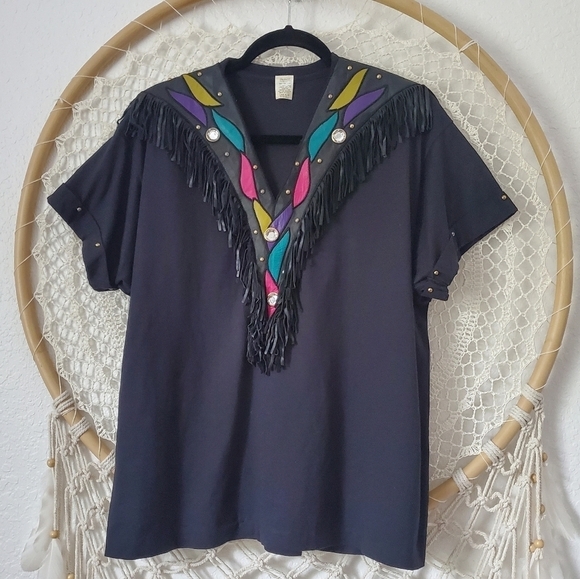 Vintage 80s V-Neck Short Sleeve Boho Western Jeweled Fringe Womens Black Top O/S - Picture 1 of 7
